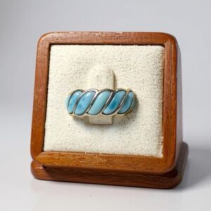 Stunning Natural Blue Larimar Wave Gold Ring Size 6 New